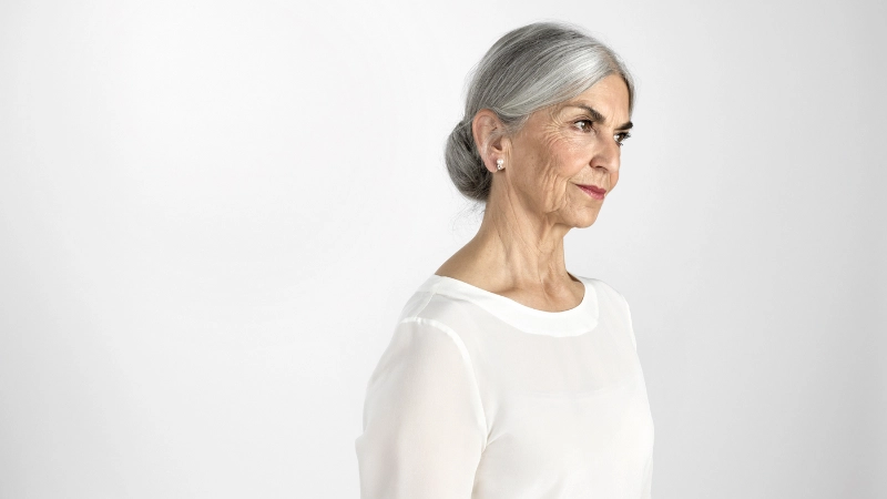 Seniorin weiss Blick seitlich bedrückt
