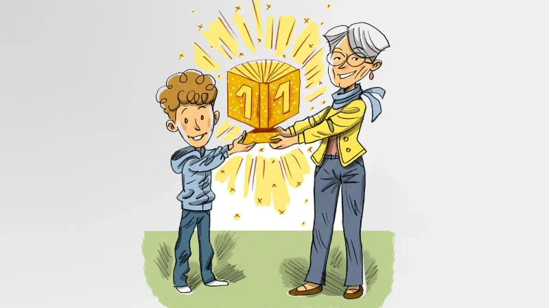 Ein Junge und eine Seniorin halten gemeinsam einen Pokal in den Händen.
