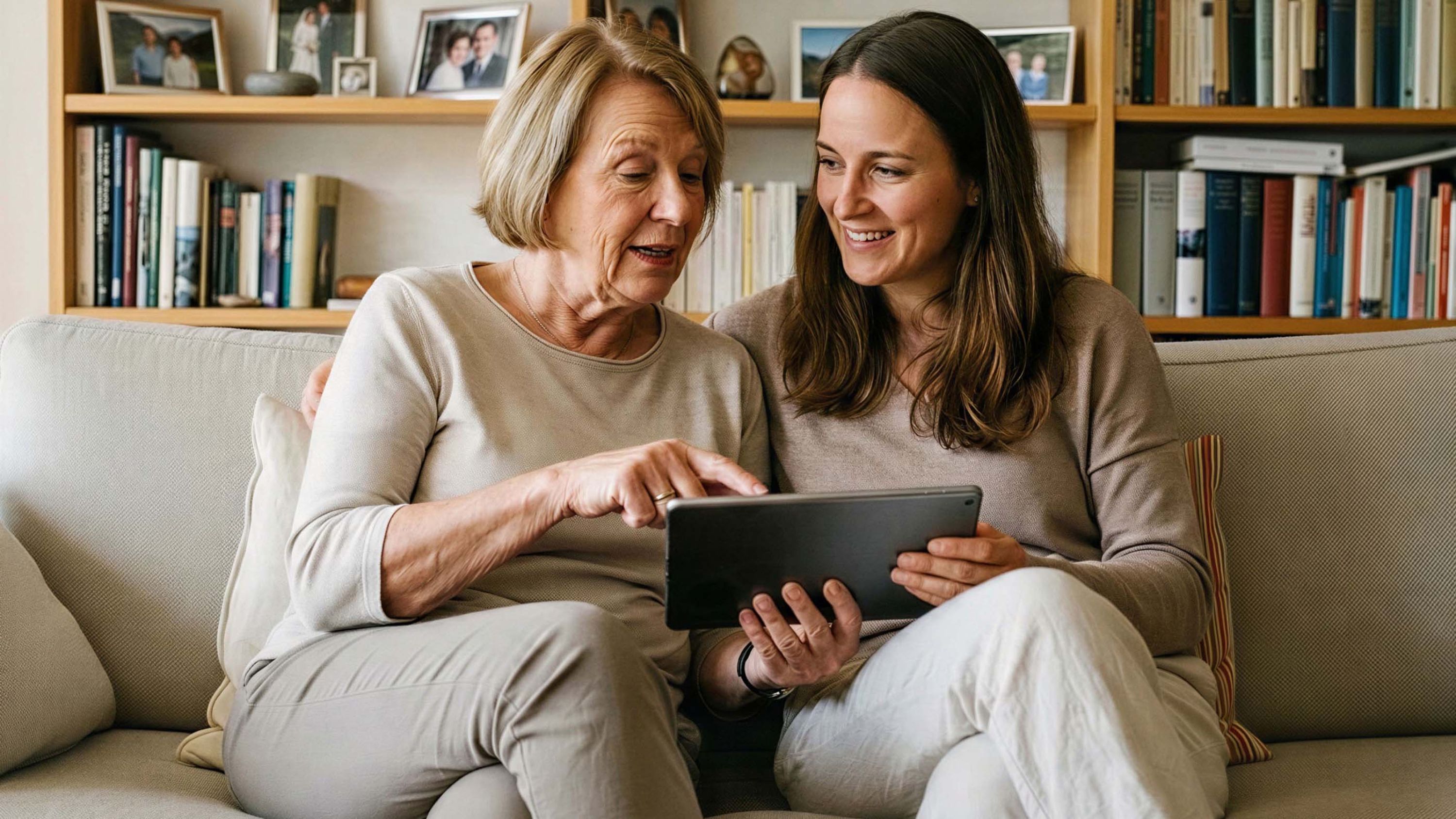 Une personne âgée et une personne plus jeune sont assises côte à côte sur le canapé et regardent une tablette.